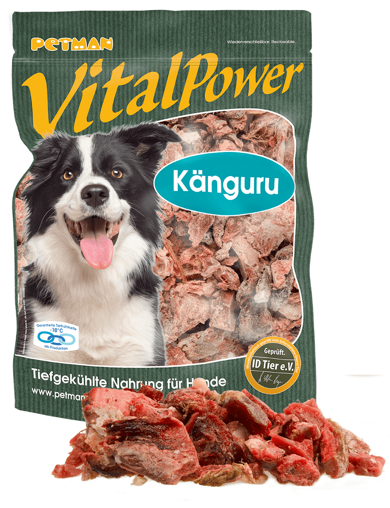 Petman Verpackung VitalPower Känguru mit davorliegenden losen Produktstücken 